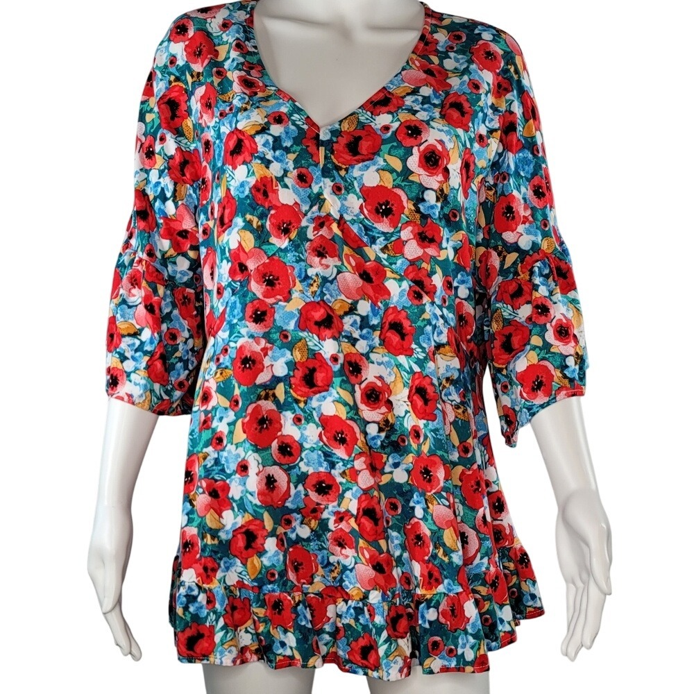 Avenue Red Poppy Floral‎ V-Neck Ruffle Hem Tunic